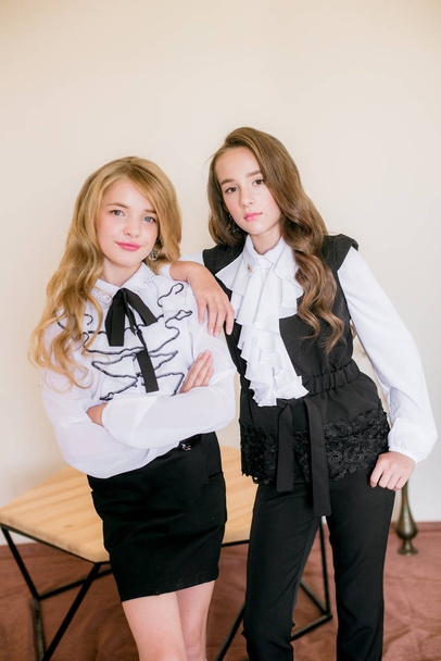 Two cute girls schoolgirls with long curly hair in fashionable school clothes. School fashion in vintage elite style. - Fotografie, Obrázek