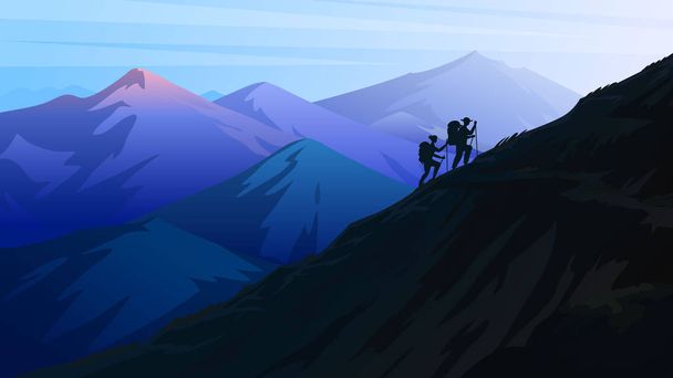 Hiking and camping concept. Silhouette of tourists climbing to the top of the Swiss or Austrian Alps. Dark blue mountains. Amazing Foggy layered landscape. People on the background of nature. - Vector, Image