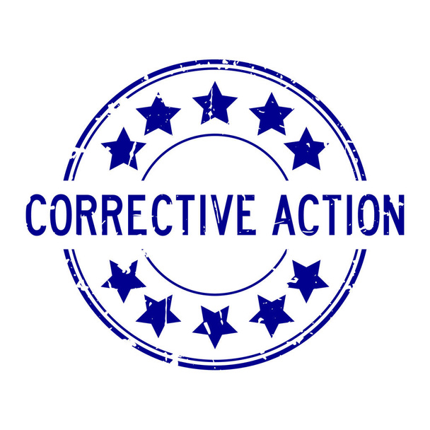 Grunge palabra de acción correctiva azul con sello de sello de goma redonda icono estrella sobre fondo blanco
 - Vector, Imagen