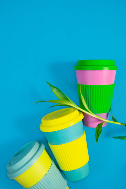 Zero waste concept. Stylish reusable eco coffee cup Natural bamboo cup - Zdjęcie, obraz