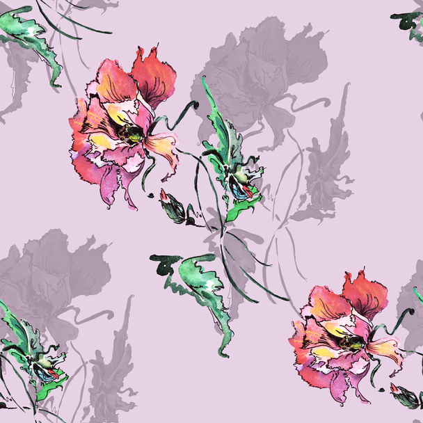 Aquarell dekorativer Mohn auf violettem Hintergrund. Florales nahtloses Muster. - Foto, Bild