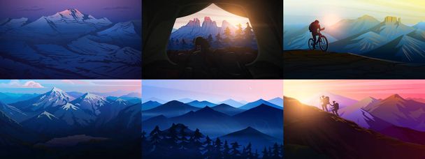 ポスター用の層状の山々のセット。濃い青の風景と夕日。ハイキングとキャンプのコンセプト。スイスの谷と森の霧。ベクトルの背景。オーストリアアルプスを探索する旅行者. - ベクター画像