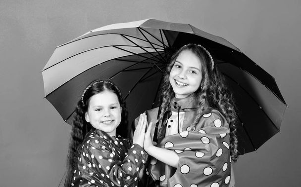 rain protection. Rainbow. autumn fashion. happy little girls with colorful umbrella. cheerful hipster children, sisterhood. family bonds. Little girls in raincoat. Any weather is good - Фото, зображення