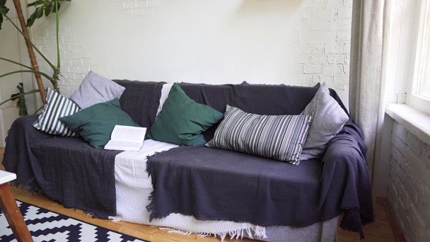 Μαλακό όμορφο άνετο καναπέ με ένα βιβλίο, μαξιλάρια, καρό και κουβέρτα. Η ιδέα της lagom - Πλάνα, βίντεο