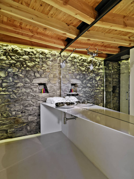 interiors shots of a modern bathroom whose floor is made of resi - Фото, изображение