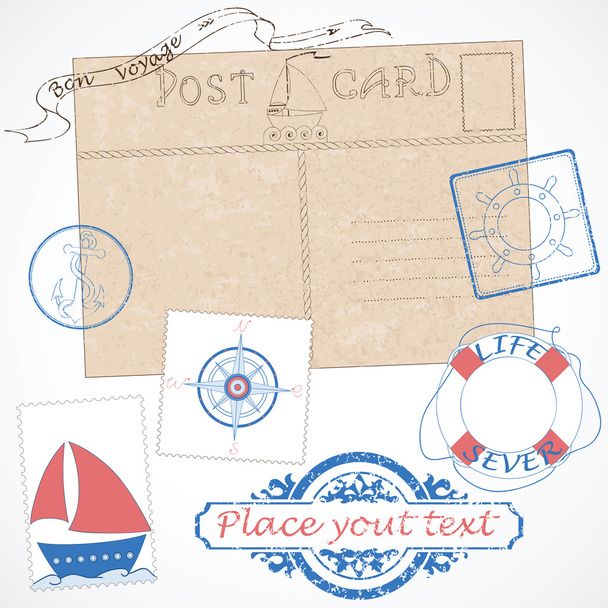 Postcard with traveling icons and stamps - Vector, Imagen