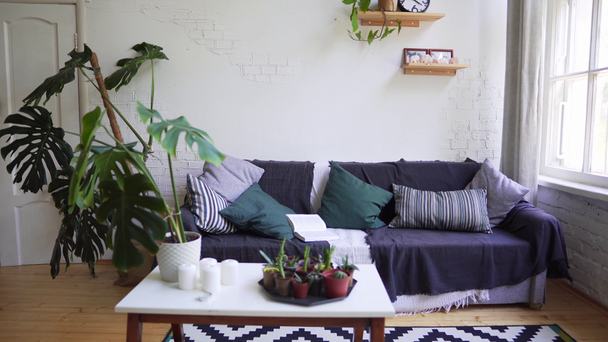 Egy gyönyörű szőnyeg, egy kis asztal magazinokkal, egy hangulatos kanapé a fehér fal ellen. Loft apartmanok - Felvétel, videó