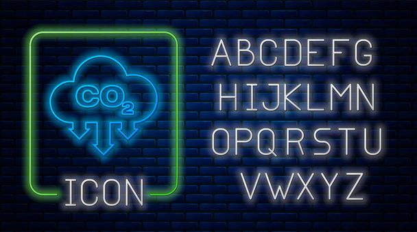 Glowing neon CO2 emissions in cloud icon isolated on brick wall background. Carbon dioxide formula symbol, smog pollution concept, environment concept. Neon light alphabet. Vector Illustration - Vector, Image