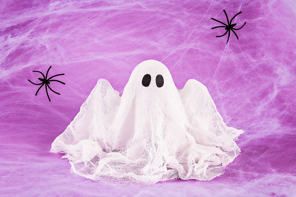 Halloween holiday concept. White spider web with two black spider web purple background. Diy ghost - Foto, afbeelding