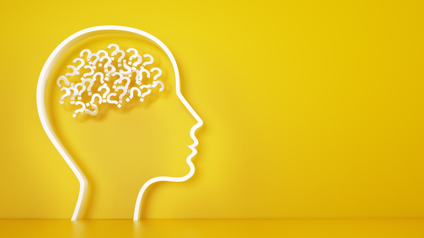 Big head with question marks inside brain on a yellow background. 3D Rendering - Foto, Bild