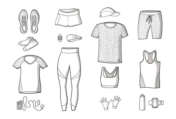 Running clothes set of hand drawn illustrations. Doodle style. Line on white background - Vektor, kép