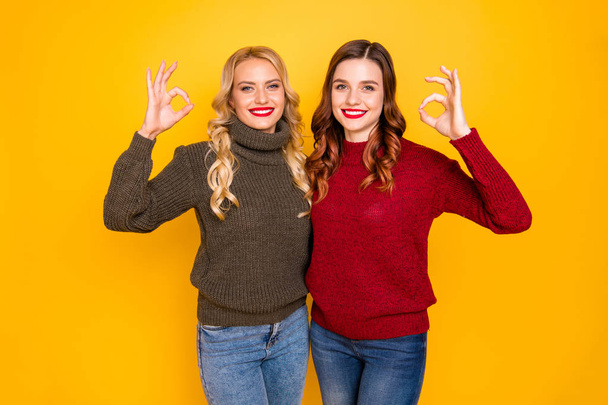 Amazing two ladies showing okey symbols wear knitted sweaters isolated yellow background - Foto, afbeelding