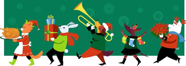 Lindo grupo de animales de dibujos animados en trajes divertidos celebra la Navidad con pavo, regalos y música, EPS 8 vector de ilustración
 - Vector, imagen