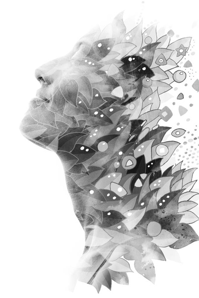 Paintography. Double exposure profile of a young natural beauty  - Φωτογραφία, εικόνα