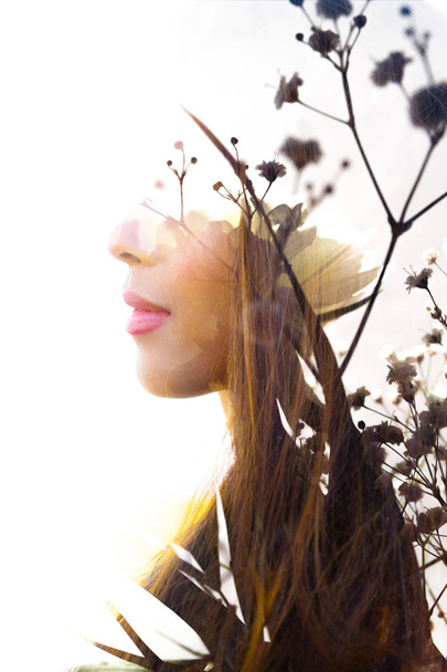 Double exposure portrait of a young peaceful girl with flawless  - Φωτογραφία, εικόνα