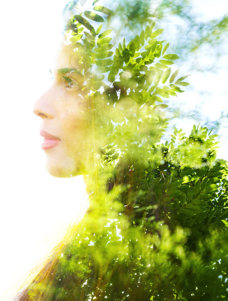 Double exposure of a healthy natural beauty's profile combined w - Fotoğraf, Görsel