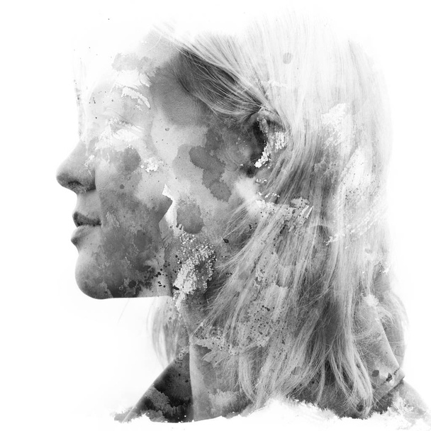 Paintography. Double exposure. Close up of an attractive model c - Foto, immagini