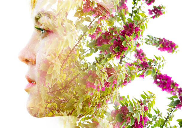 Double exposure of a young blonde natural beauty's profile combi - Foto, afbeelding