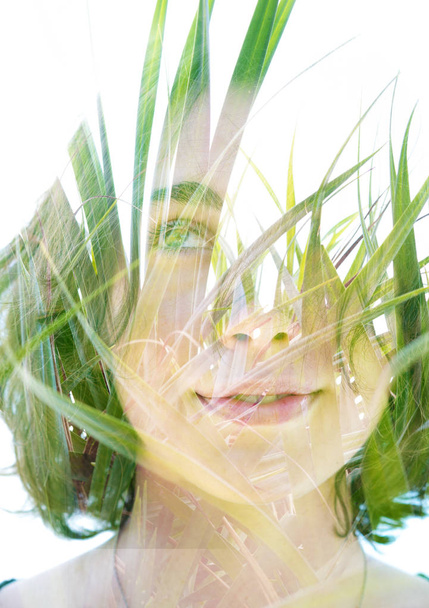 Double exposure close up of a young happy natural beauty and bri - Foto, Imagem