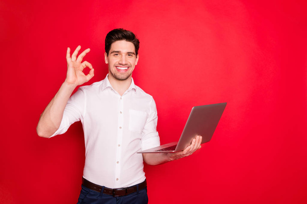 Photo of excited cheerful funny funky man showing you ok sign while isolated with red background - Fotó, kép