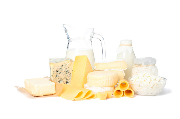 Fresh dairy products isolated on white background. Cheese, milk, - Zdjęcie, obraz
