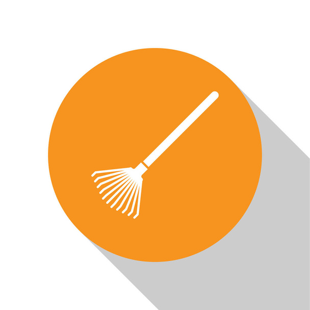 White Garden rake for leaves icon isolated on white background. Tool for horticulture, agriculture, farming. Ground cultivator. Orange circle button. Vector Illustration - ベクター画像