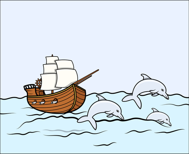 Navire ancien avec dauphins - Illustration vectorielle
 - Vecteur, image