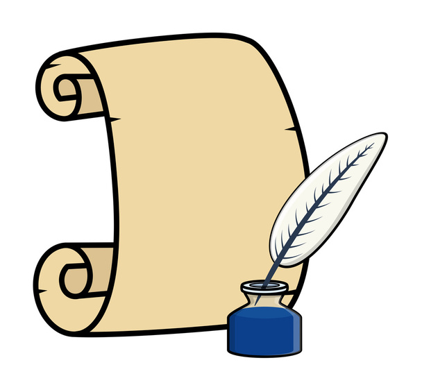 Parchment with Quill and Inkstand - Cartoon Vector Illustration - Vector, Image