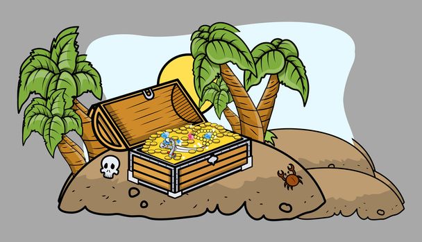 Pirate Treasure Box on an Island - Cartoon Vector Illustration - Vector, Image