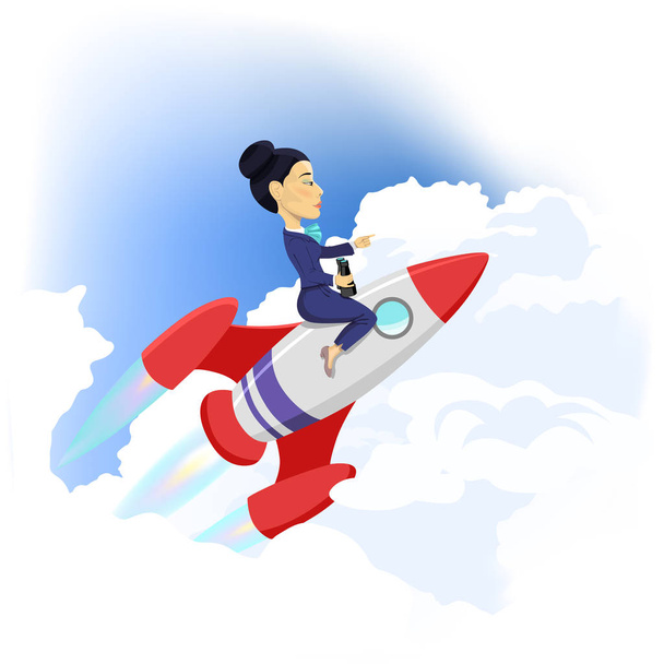 Geschäftsfrau fliegt mit Weltraumrakete hoch. Erfolg Leistung Konzept Cartoon Vektor Illustration. - Vektor, Bild