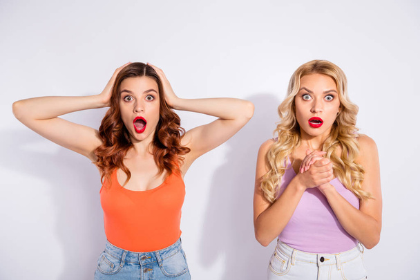 Portrait of two nice-looking glamorous attractive pretty shine charming lovely stunned wavy-haired ladies got scary news isolated over white light background - Φωτογραφία, εικόνα