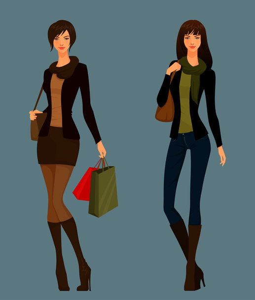 Beautiful young girls in autumn clothes - Vector, Image