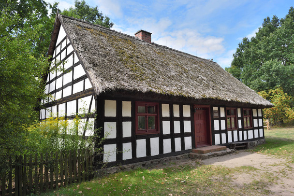 Ancienne maison blanchie à la chaux avec toit de chaume au Musée de la Culture Folklorique d'Osiek au bord de la rivière Notec, le parc ethnographique couvre une superficie de 13 ha. Pologne, Europe
 - Photo, image