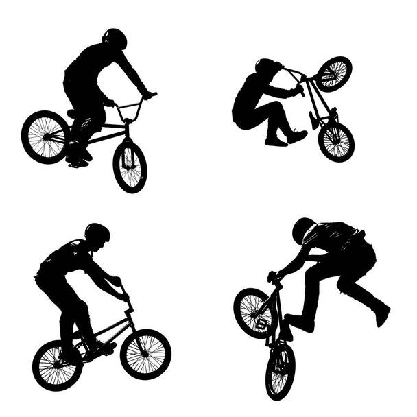 高解像度で白い透明な背景に隔離された4つの異なるポーズで自転車を持つスポーツマンの黒いシルエットのシームレスなパターン - 写真・画像