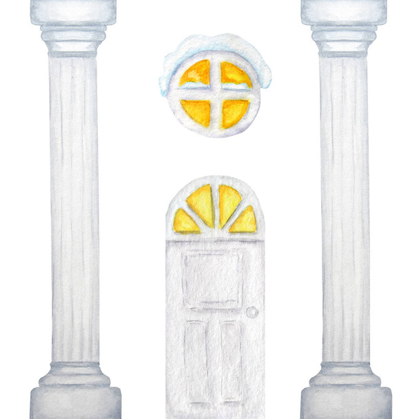 Aquarel witte kolom frame met lichtgevende venster en deur. Aquarel handgemaakte tekening hoofdsteden van de marmeren kolom. - Foto, afbeelding