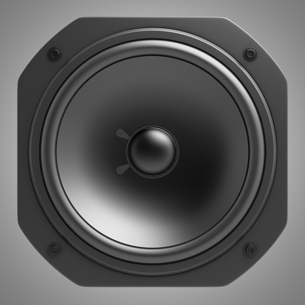 black loudspeaker isolated on gray background - Φωτογραφία, εικόνα
