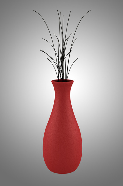 red vase with dry wood isolated on gray background - Foto, Imagem