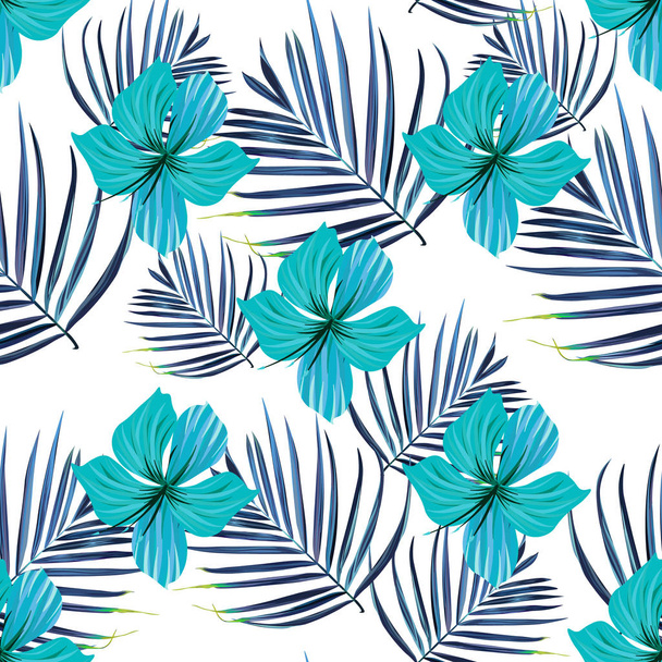 Hibiscus flower. Seamless tropic pattern. Palm background - Vettoriali, immagini