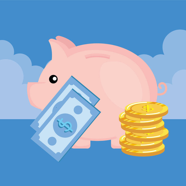 Piggy sparen met munten geld - Vector, afbeelding