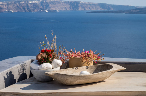 Mediterranean ornamental plants on the terraces of Oia, Santorini, Greece - Photo, Image