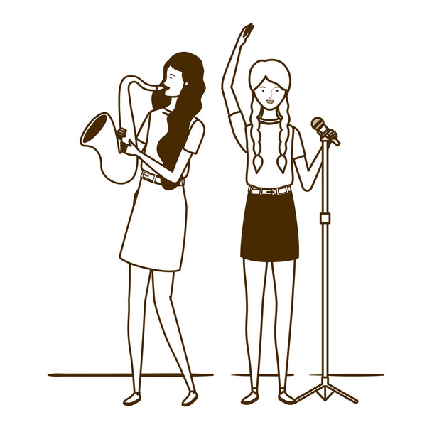 Silhouette von Frauen mit Musikinstrumenten auf weißem Hintergrund - Vektor, Bild