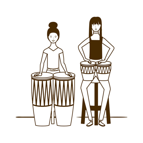 sylwetka kobiet z musicalami instrumentów na białym tle - Wektor, obraz