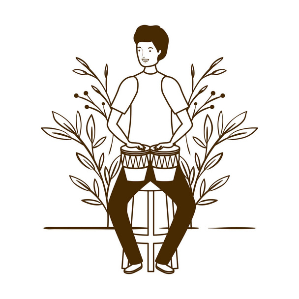 silhouette dell'uomo con congas e rami e foglie sullo sfondo
 - Vettoriali, immagini