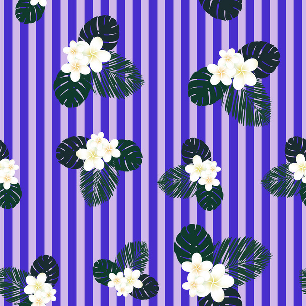 Seamless striped vector violet tropical pattern. Plumeria, frangipani. Exotic vector beach wallpaper seamless pattern. - Vector, Image