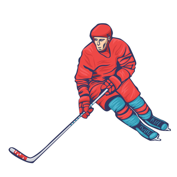 Hockeyspieler mit Stock isoliert auf weißem Hintergrund. Vektorgrafik. - Vektor, Bild