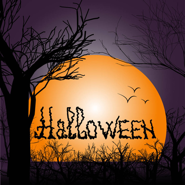 Caligrafia de Halloween com paisagem noturna. Ilustração vetorial para cartão de saudação, convite do partido, cartaz de venda ou banner da web
. - Vetor, Imagem