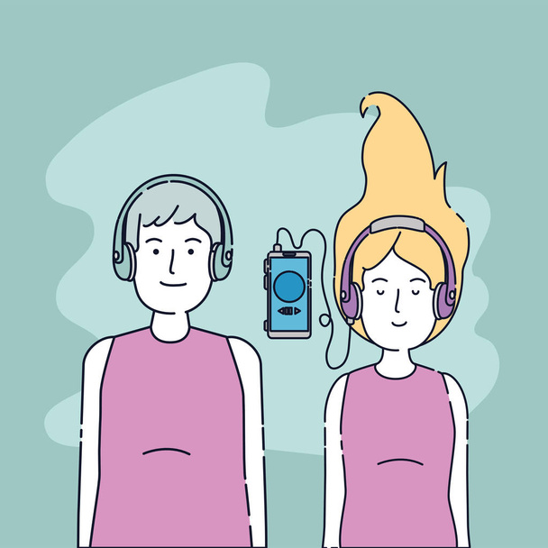 jóvenes pareja amigos escuchar música con reproductor
 - Vector, imagen