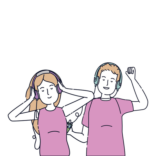 young couple friends listen music with player - Vector, Image