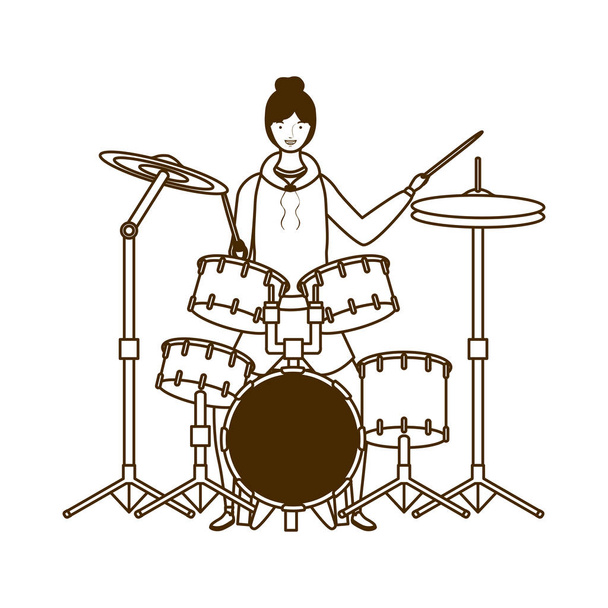 Silhouette einer Frau mit Schlagzeug auf weißem Hintergrund - Vektor, Bild