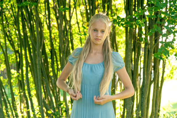 Beautiful young girl with long blond hair in blue dress in the countryside - Zdjęcie, obraz